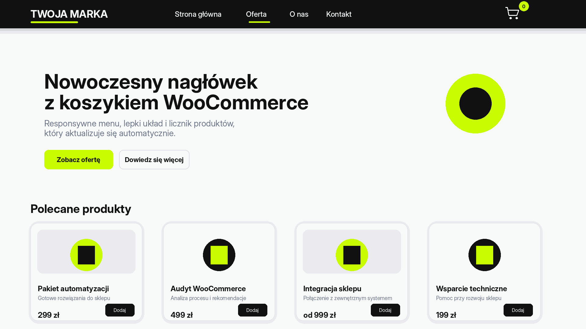 Animowana wizualizacja lepkiego menu nawigacyjnego z licznikiem koszyka WooCommerce i wersją mobilną