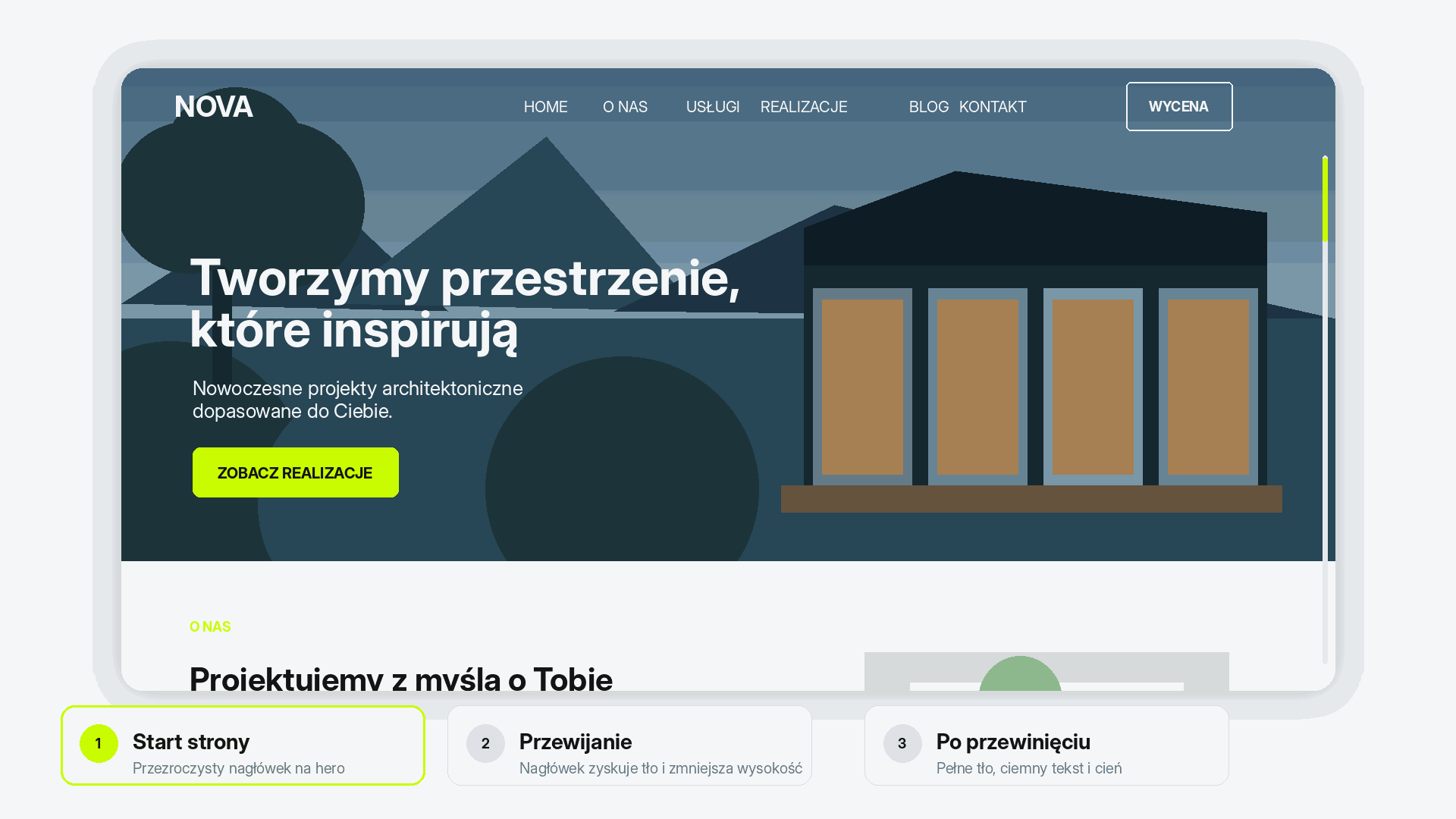 Animowana wizualizacja nagłówka zmieniającego kolor, wysokość i tło po przewinięciu strony