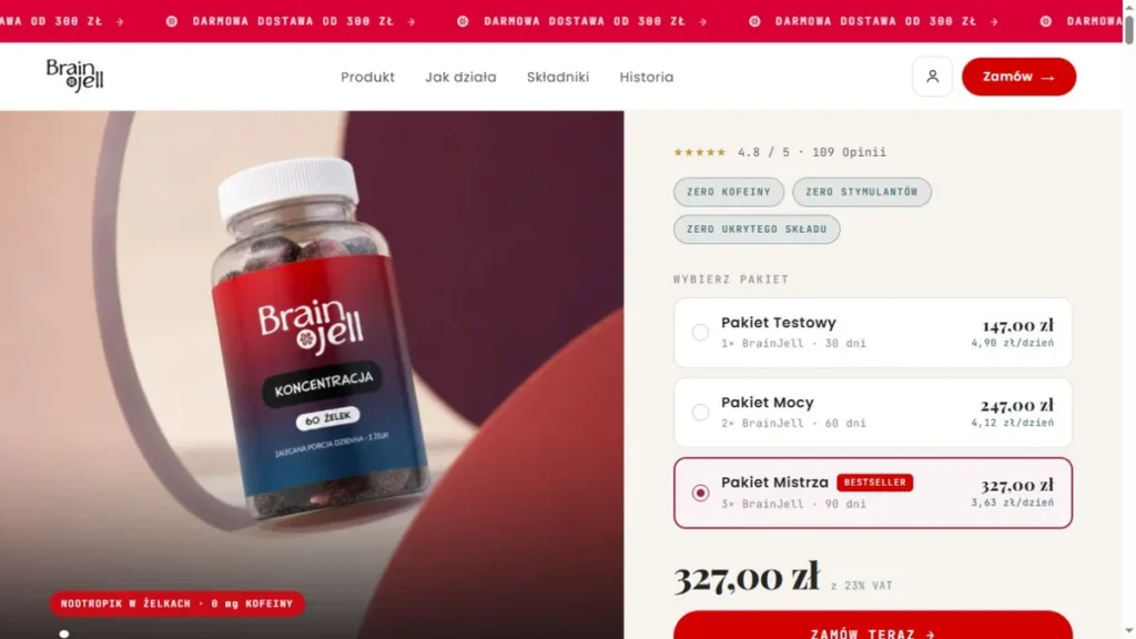 Sklep Brain Jell z prezentacją suplementu i wyborem pakietu żelków