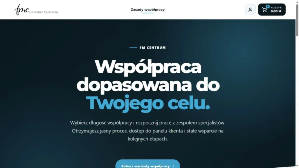 Podstrona współpracy online FM Centrum z ofertą opieki dietetycznej i wariantami pakietów