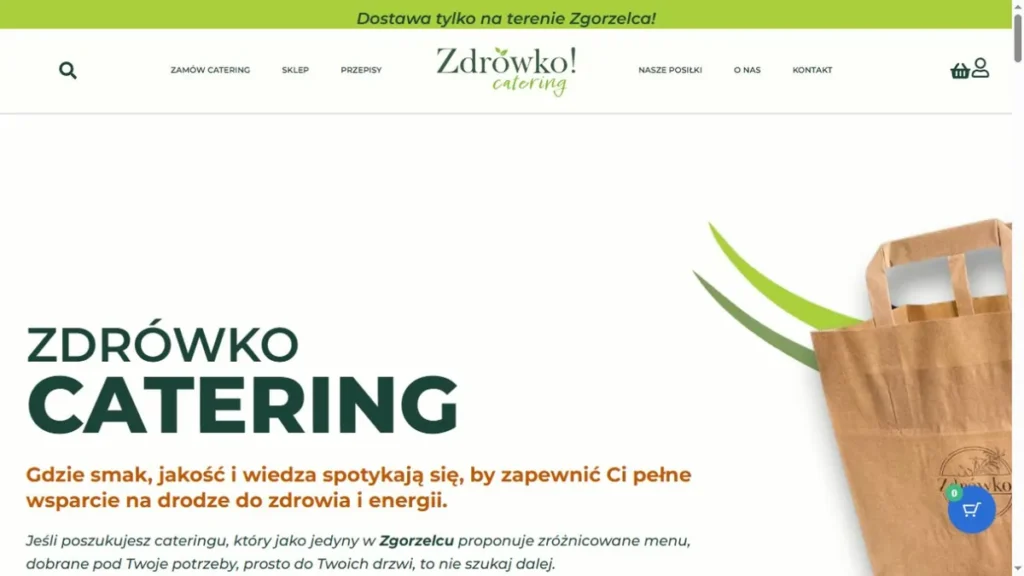 Strona Zdrówko Catering z zielonym nagłówkiem i prezentacją cateringu dietetycznego